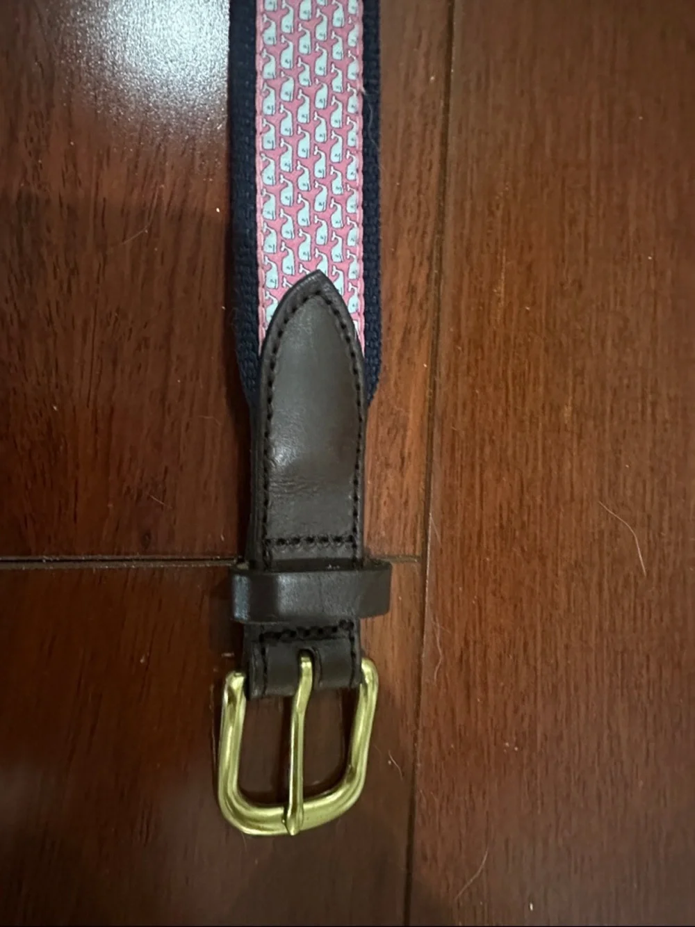 Vineyard Vines Navy Woven Belt with Brown Leather and Gold Buckle, Worn once